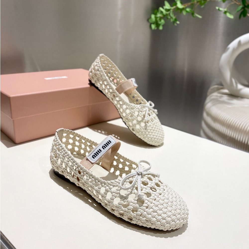 Miu Miu Cream Woven Ballet Flats - Picture 2 of 9